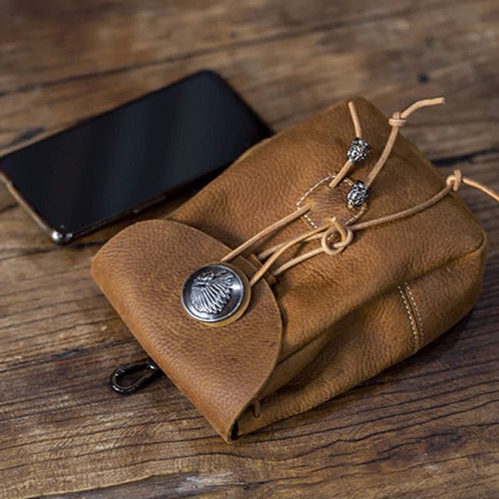Indian Style Small Wallet Drawstring Crazy Horse Leather Belt Bag - image 7