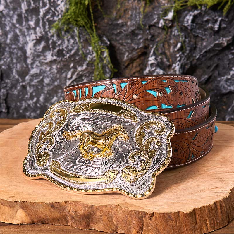 Gold Running Horse DIY Western Cowboy Buckle Leather Belt - Running Horse - Turquoise Carved Belt - 42 - image 6