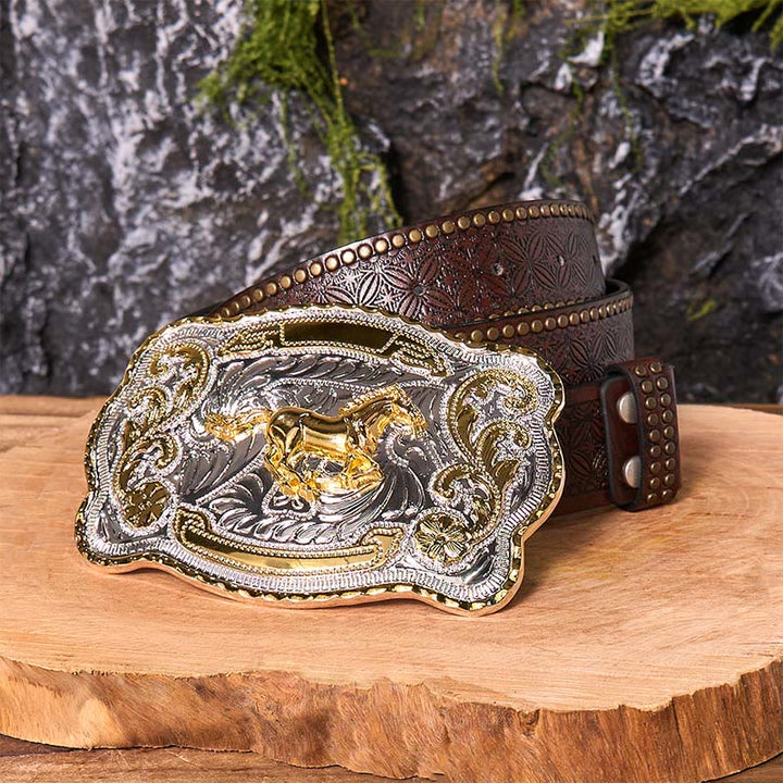 Gold Running Horse DIY Western Cowboy Buckle Leather Belt - Running Horse - Brown Rivet Belt - 42 - image 7