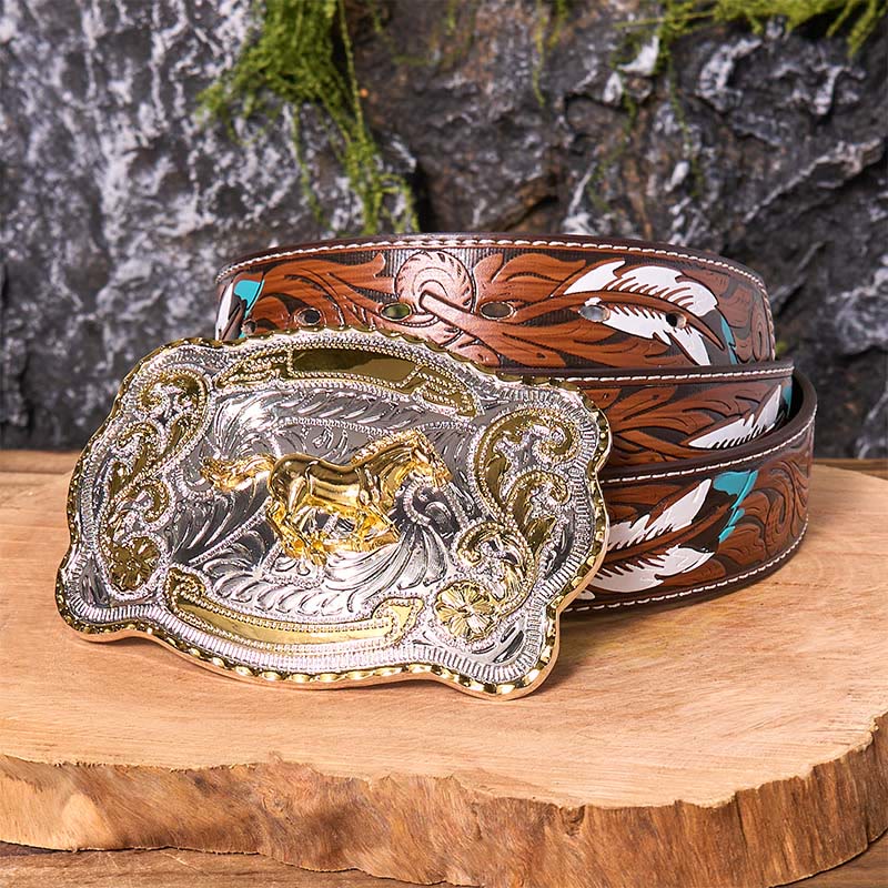 Gold Running Horse DIY Western Cowboy Buckle Leather Belt - Running Horse - Brown Feather Belt - 40 - image 11