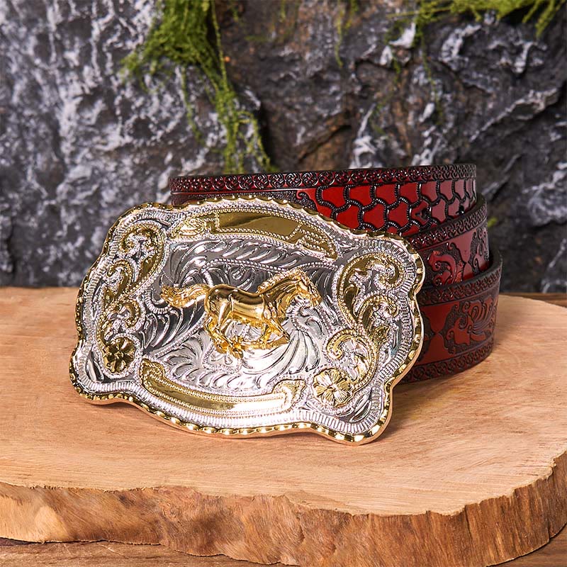Gold Running Horse DIY Western Cowboy Buckle Leather Belt - Running Horse - Brown Carved Belt - 42 - image 9