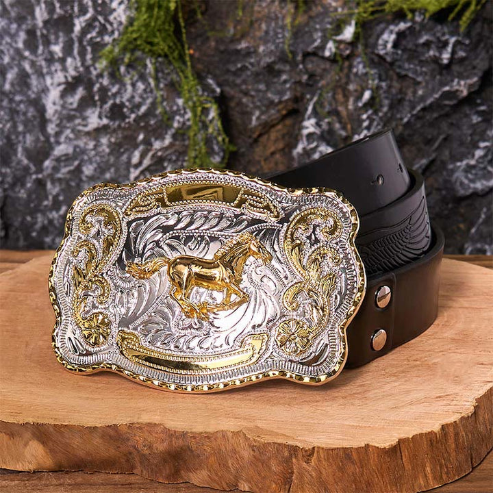 Gold Running Horse DIY Western Cowboy Buckle Leather Belt - Running Horse - Black Embossed Eagle Belt - 42 - image 5