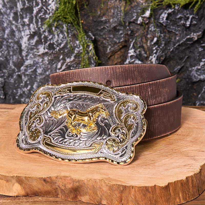Gold Running Horse DIY Western Cowboy Buckle Leather Belt - Running Horse - Brown Distressed Belt - 42 - image 8