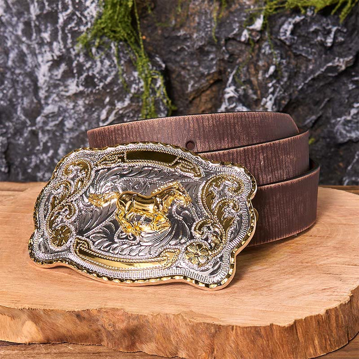 Gold Running Horse DIY Western Cowboy Buckle Leather Belt - Running Horse - Brown Distressed Belt - 42 - image 8