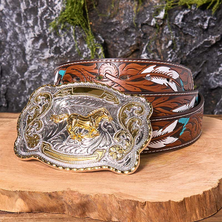 Gold Running Horse DIY Western Cowboy Buckle Leather Belt - Running Horse - Brown Feather Belt - 40 - image 10