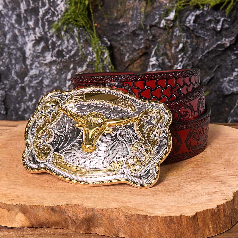 Gold Bull's Head DIY Western Cowboy Buckle Leather Belt - Gold Bull's Head - Brown Carved Belt - 42 - image 10