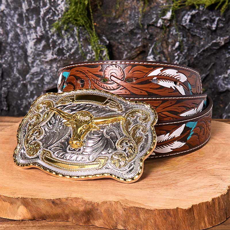 Gold Bull's Head DIY Western Cowboy Buckle Leather Belt - Gold Bull's Head - Brown Feather Belt - 40 - image 11