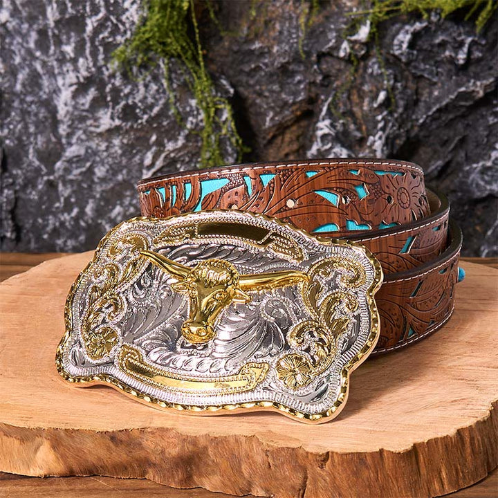 Gold Bull's Head DIY Western Cowboy Buckle Leather Belt - Gold Bull's Head - Turquoise Carved Belt - 42 - image 7