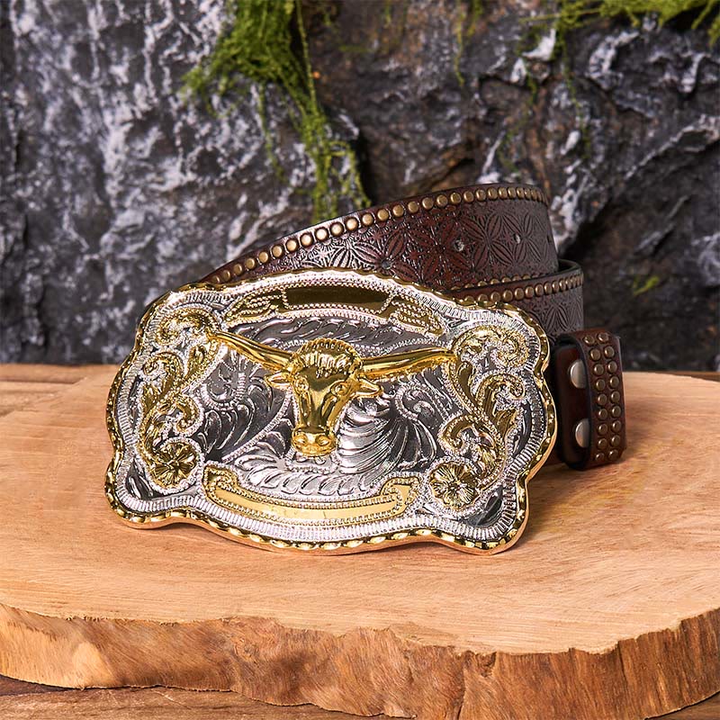 Gold Bull's Head DIY Western Cowboy Buckle Leather Belt - Gold Bull's Head - Brown Rivet Belt - 42 - image 7