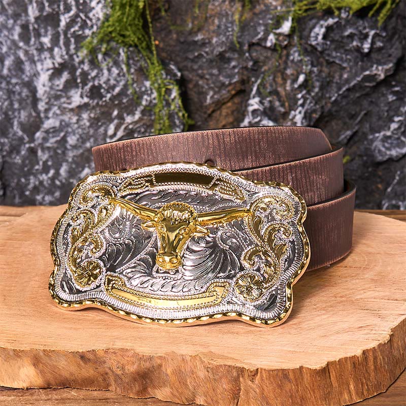 Gold Bull's Head DIY Western Cowboy Buckle Leather Belt - Gold Bull's Head - Brown Distressed Belt - 42 - image 8