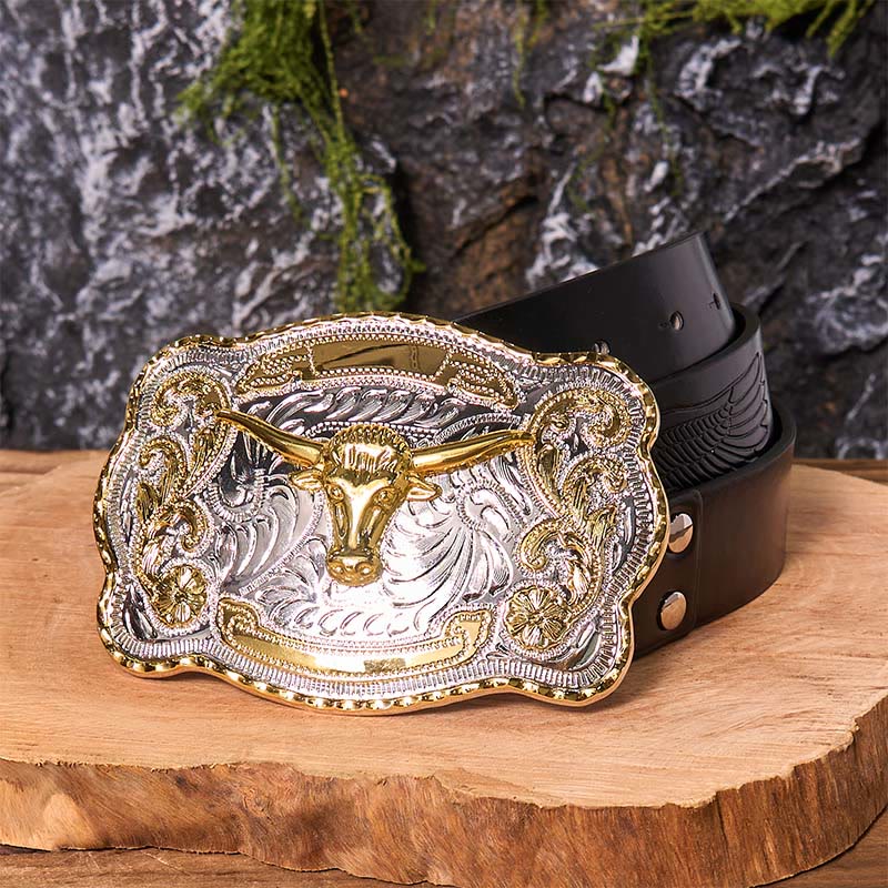 Gold Bull's Head DIY Western Cowboy Buckle Leather Belt - Gold Bull's Head - Black Embossed Eagle Belt - 42 - image 5