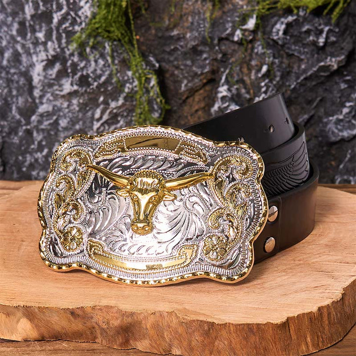 Gold Bull's Head DIY Western Cowboy Buckle Leather Belt - Gold Bull's Head - Black Embossed Eagle Belt - 42 - image 5