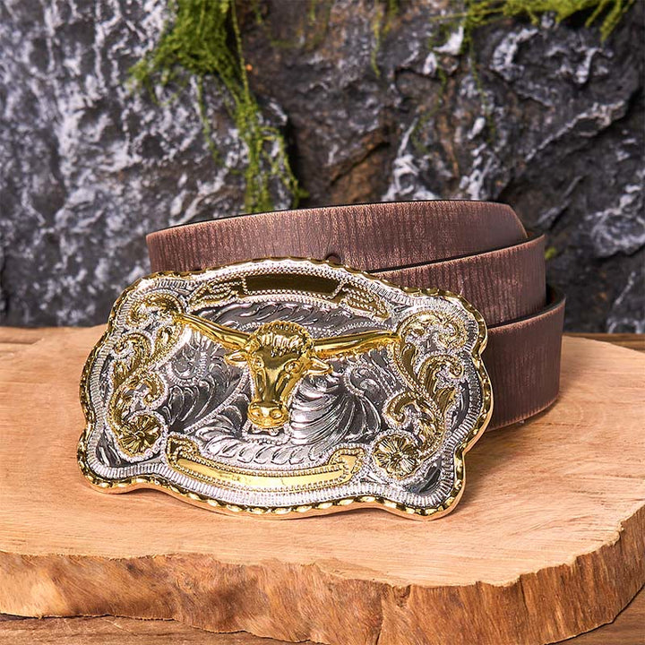 Gold Bull's Head DIY Western Cowboy Buckle Leather Belt - Gold Bull's Head - Brown Distressed Belt - 42 - image 8
