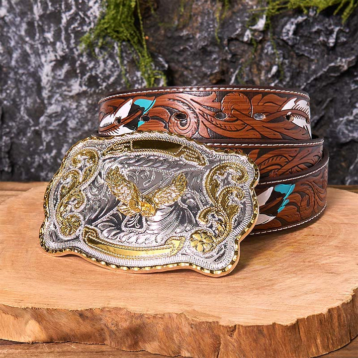 Gold Flying Eagle DIY Western Cowboy Buckle Leather Belt - Flying Eagle - Brown Feather Belt - 40 - image 11
