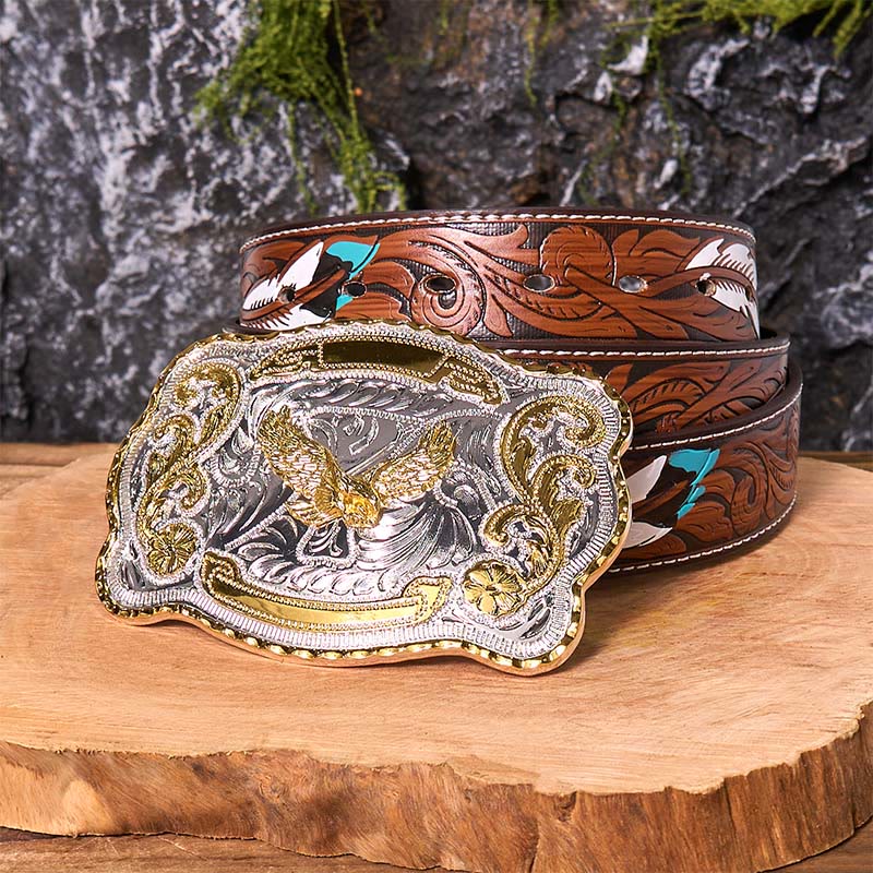 Gold Flying Eagle DIY Western Cowboy Buckle Leather Belt - Flying Eagle - Brown Feather Belt - 40 - image 10