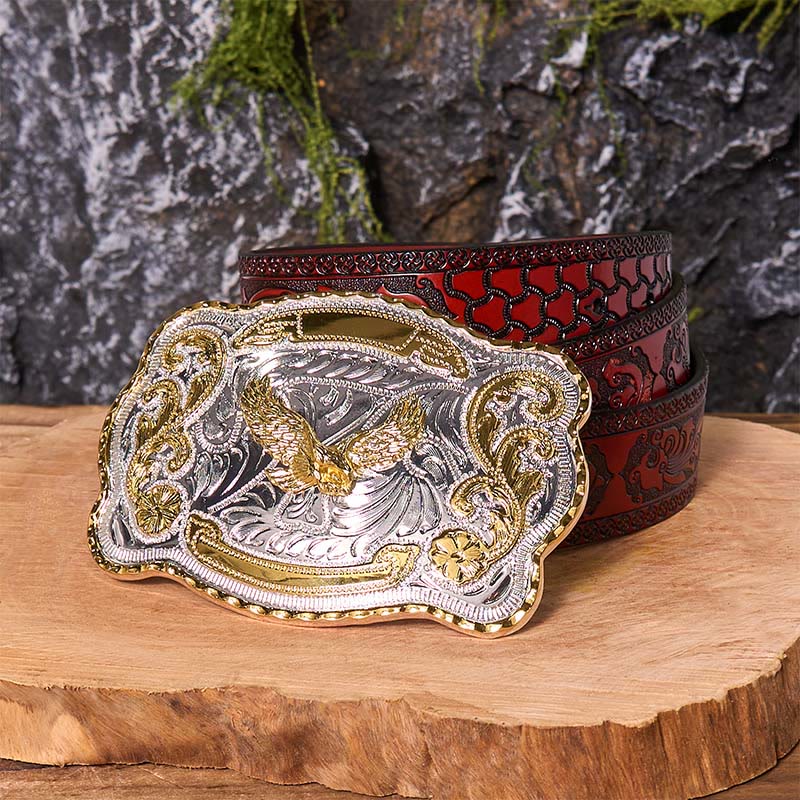 Gold Flying Eagle DIY Western Cowboy Buckle Leather Belt - Flying Eagle - Brown Carved Belt - 42 - image 9