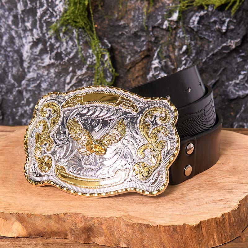 Gold Flying Eagle DIY Western Cowboy Buckle Leather Belt - Flying Eagle - Black Embossed Eagle Belt - 42 - image 5
