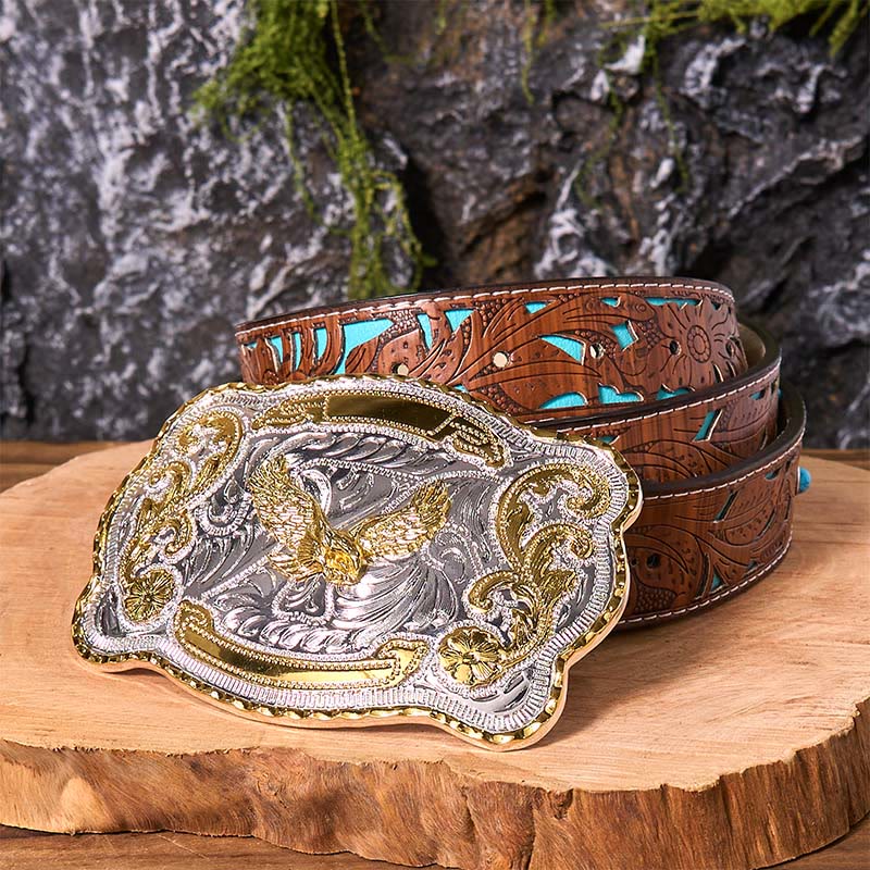 Gold Flying Eagle DIY Western Cowboy Buckle Leather Belt - Flying Eagle - Turquoise Carved Belt - 42 - image 6