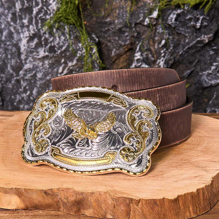 Gold Flying Eagle DIY Western Cowboy Buckle Leather Belt - Flying Eagle - Brown Distressed Belt - 42 - image 8