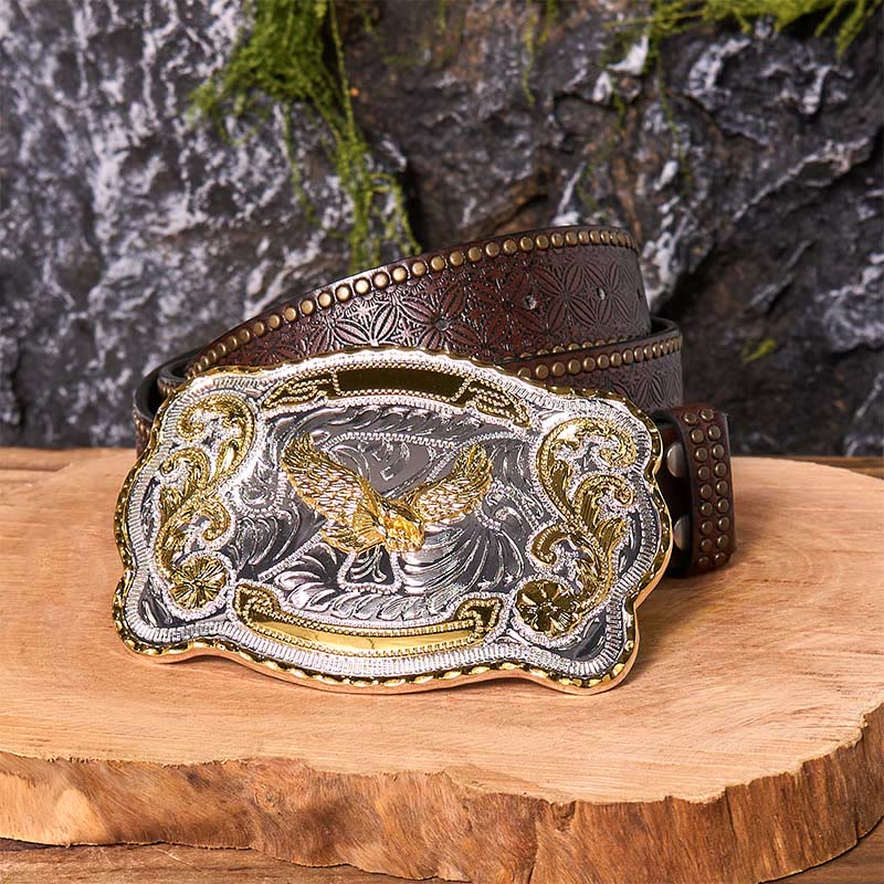 Gold Flying Eagle DIY Western Cowboy Buckle Leather Belt - Flying Eagle - Brown Rivet Belt - 42 - image 7