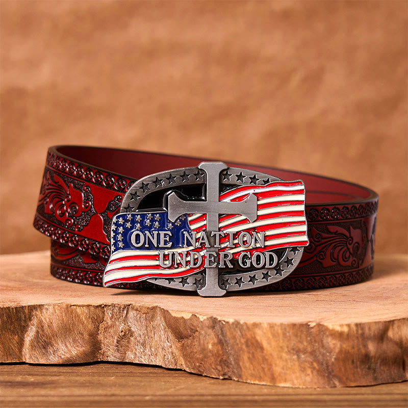 One Nation Under God DIY Western Buckle Leather Belt - One Nation Under God - Brown Carved Belt - 42 - image 6