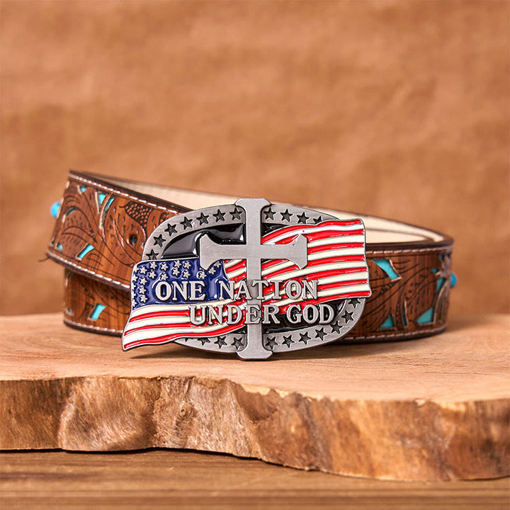 One Nation Under God DIY Western Buckle Leather Belt - One Nation Under God - Turquoise Carved Belt - 42 - image 3