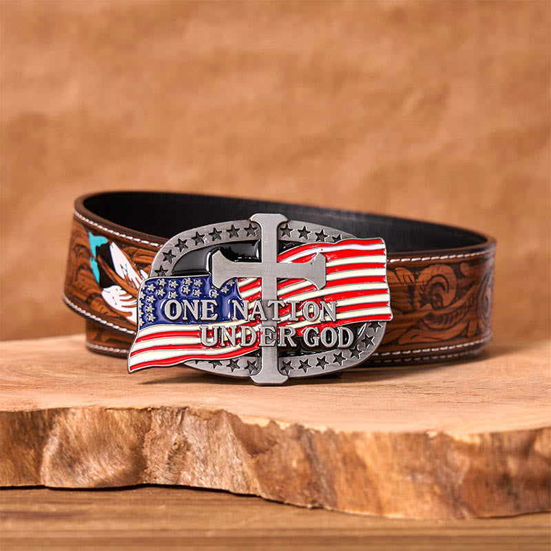 One Nation Under God DIY Western Buckle Leather Belt - One Nation Under God - Brown Feather Belt - 40 - image 7