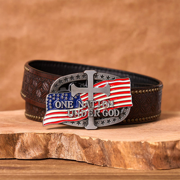 One Nation Under God DIY Western Buckle Leather Belt - One Nation Under God - Brown Rivet Belt - 42 - image 4