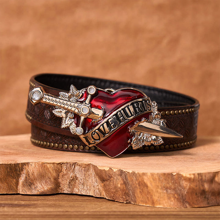 A Sword Through The Heart DIY Western Buckle Leather Belt - A Sword Through The Heart - Brown Rivet Belt - 42 - image 4