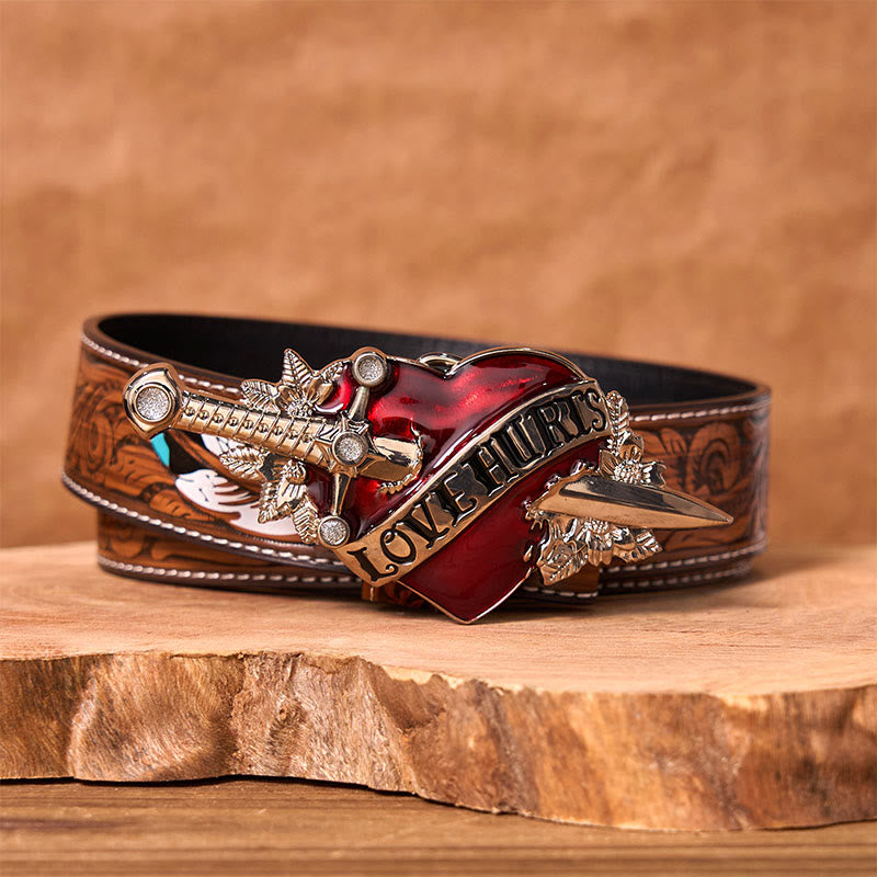 A Sword Through The Heart DIY Western Buckle Leather Belt - A Sword Through The Heart - Brown Feather Belt - 40 - image 7