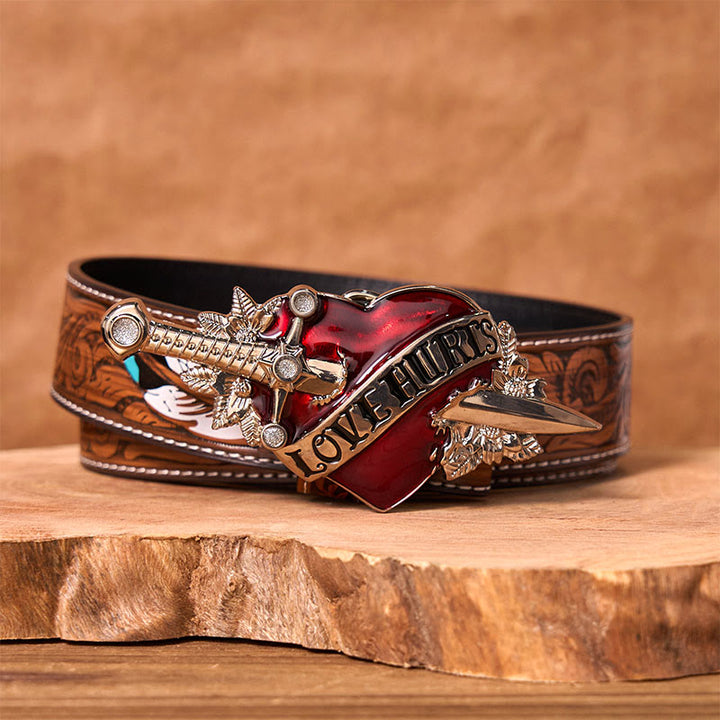 A Sword Through The Heart DIY Western Buckle Leather Belt - A Sword Through The Heart - Brown Feather Belt - 40 - image 7