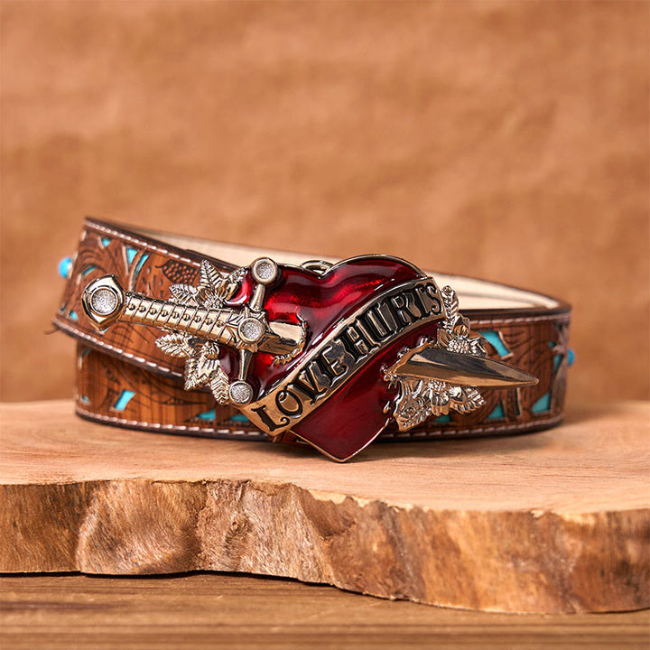 A Sword Through The Heart DIY Western Buckle Leather Belt - A Sword Through The Heart - Turquoise Carved Belt - 42 - image 3