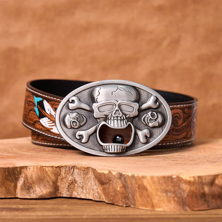 Skull With Bottle Opener DIY Western Buckle Leather Belt - Skull With Bottle Opener - Brown Feather Belt - 40 - image 7
