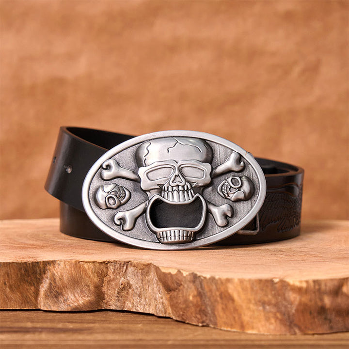 Skull With Bottle Opener DIY Western Buckle Leather Belt - Skull With Bottle Opener - Black Embossed Eagle Belt - 42 - image 2