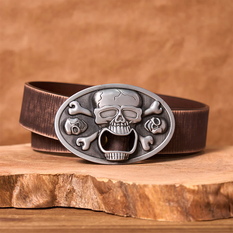 Skull With Bottle Opener DIY Western Buckle Leather Belt - Skull With Bottle Opener - Brown Distressed Belt - 42 - image 5