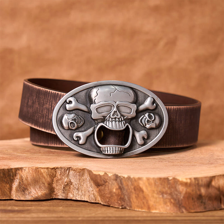 Skull With Bottle Opener DIY Western Buckle Leather Belt - Skull With Bottle Opener - Brown Distressed Belt - 42 - image 5