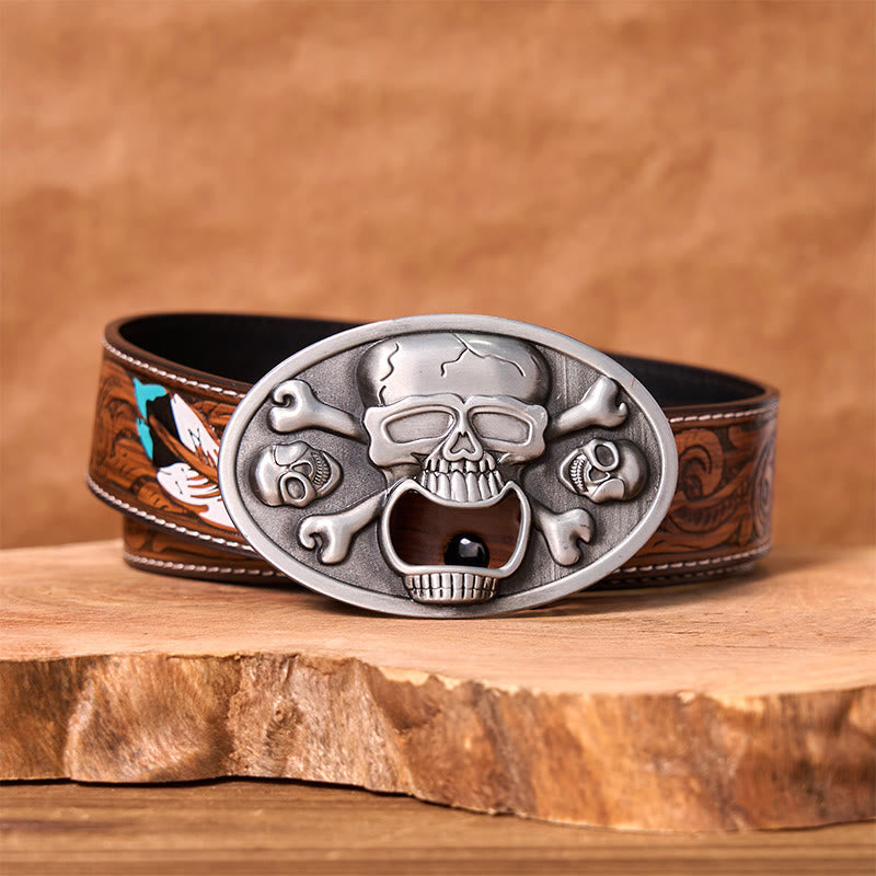 Skull With Bottle Opener DIY Western Buckle Leather Belt - Skull With Bottle Opener - Brown Feather Belt - 40 - image 7
