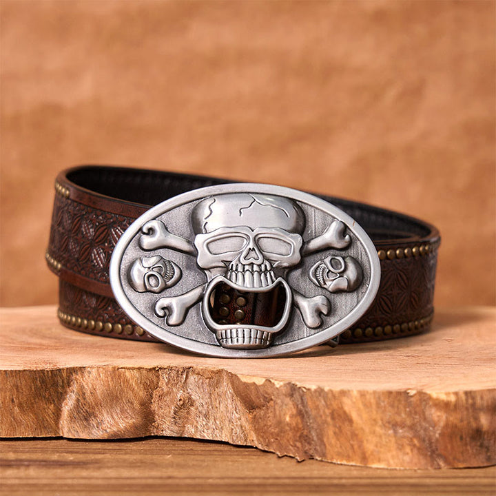Skull With Bottle Opener DIY Western Buckle Leather Belt - Skull With Bottle Opener - Brown Rivet Belt - 42 - image 4
