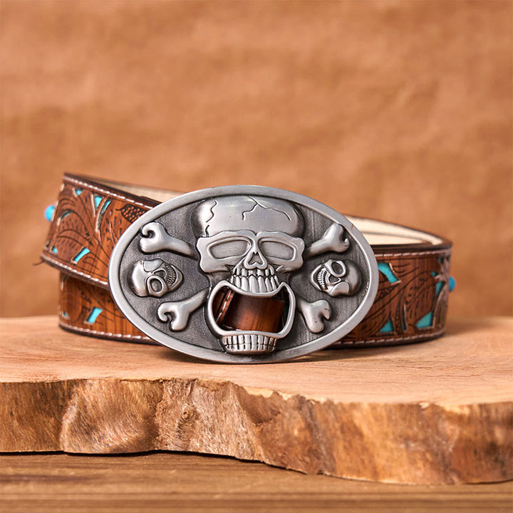 Skull With Bottle Opener DIY Western Buckle Leather Belt - Skull With Bottle Opener - Turquoise Carved Belt - 42 - image 3