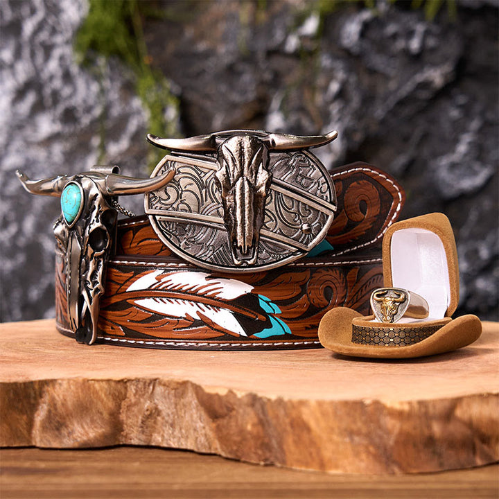 Longhorn Skull DIY Hidden Knife Belt Buckle With Bull Ring Bundle Set - Longhorn Skull - Brown Feather Belt - 40 - image 0