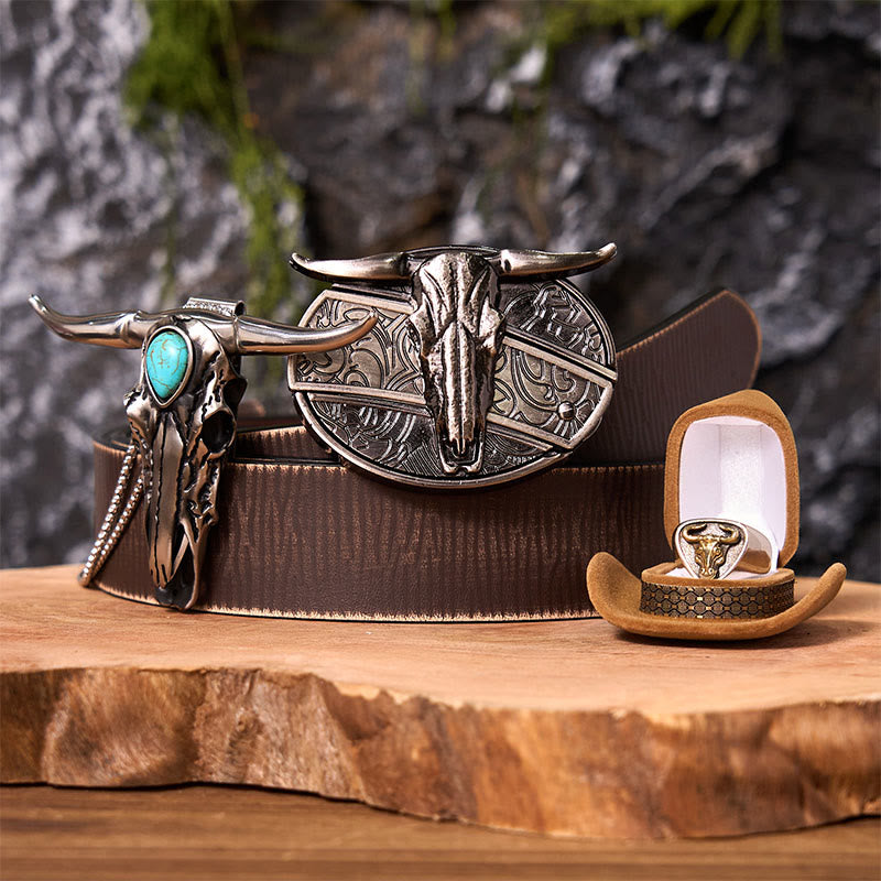 Longhorn Skull DIY Hidden Knife Belt Buckle With Bull Ring Bundle Set - Longhorn Skull - Brown Distressed Belt - 42 - image 6