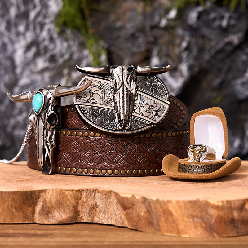 Longhorn Skull DIY Hidden Knife Belt Buckle With Bull Ring Bundle Set - Longhorn Skull - Brown Rivet Belt - 42 - image 5