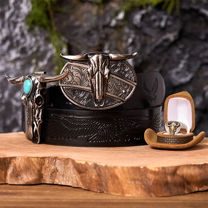Longhorn Skull DIY Hidden Knife Belt Buckle With Bull Ring Bundle Set - Longhorn Skull - Black Embossed Eagle Belt - 42 - image 3