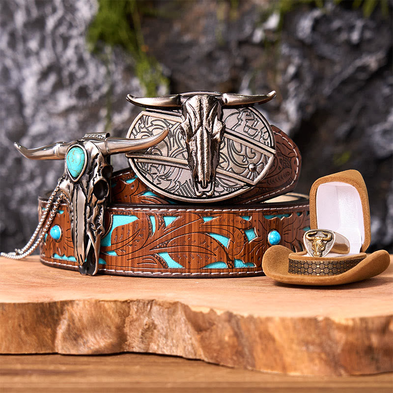 Longhorn Skull DIY Hidden Knife Belt Buckle With Bull Ring Bundle Set - Longhorn Skull - Turquoise Carved Belt - 42 - image 4