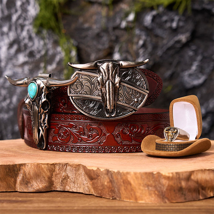 Longhorn Skull DIY Hidden Knife Belt Buckle With Bull Ring Bundle Set - Longhorn Skull - Brown Carved Belt - 42 - image 7