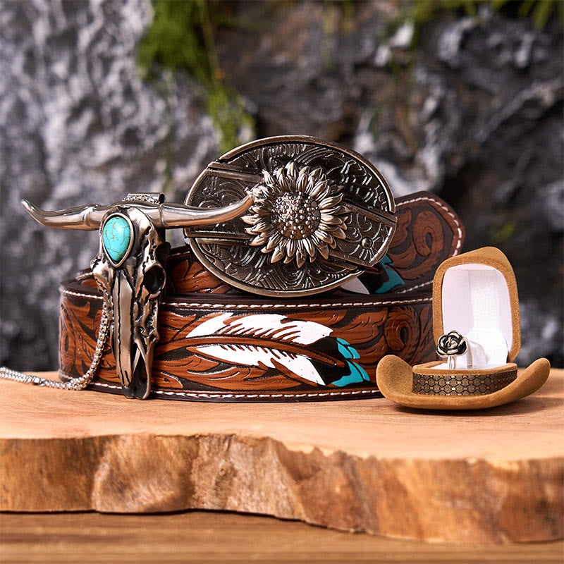 Sunflower DIY Hidden Knife Belt Buckle With Longhorn Pendant Bundle Set - Sunflower - Brown Feather Belt - 40 - image 8