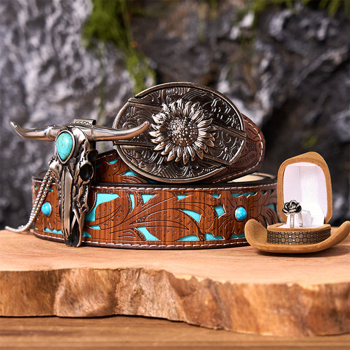Sunflower DIY Hidden Knife Belt Buckle With Longhorn Pendant Bundle Set - Sunflower - Turquoise Carved Belt - 42 - image 0