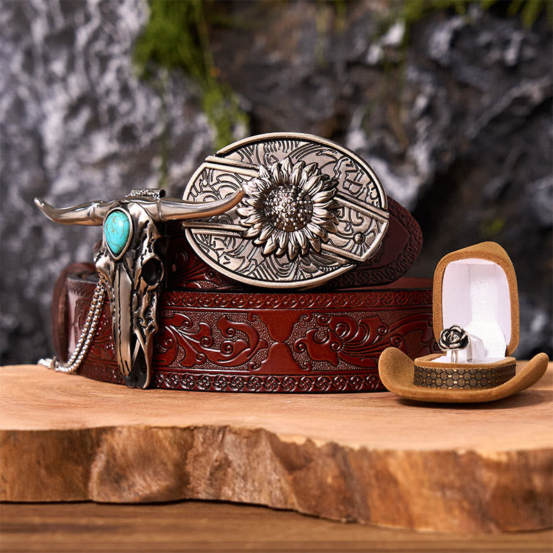 Sunflower DIY Hidden Knife Belt Buckle With Longhorn Pendant Bundle Set - Sunflower - Brown Carved Belt - 42 - image 7