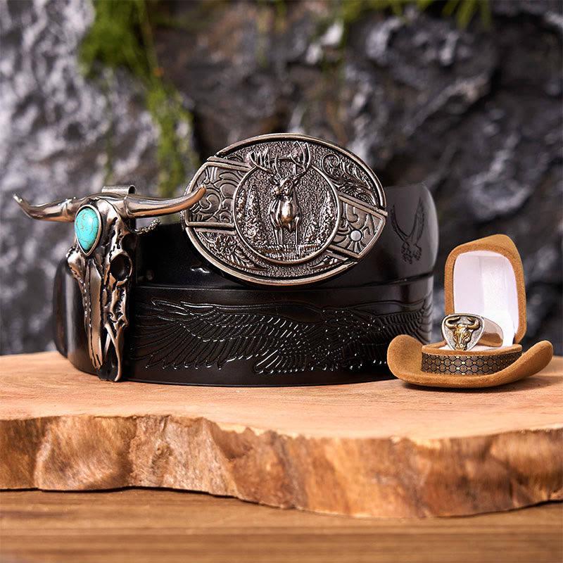 Forest Deer DIY Hidden Knife Belt Buckle With Bull Ring Bundle Set - Forest Deer - Black Embossed Eagle Belt - 42 - image 3