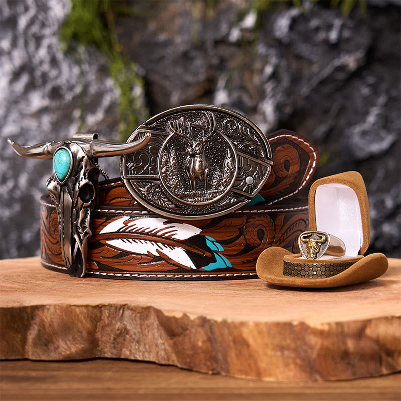 Forest Deer DIY Hidden Knife Belt Buckle With Bull Ring Bundle Set - Forest Deer - Brown Feather Belt - 40 - image 7